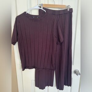 House of Harlow Ribbed Knit Lounge Set Plum Wide Leg Pants & Top